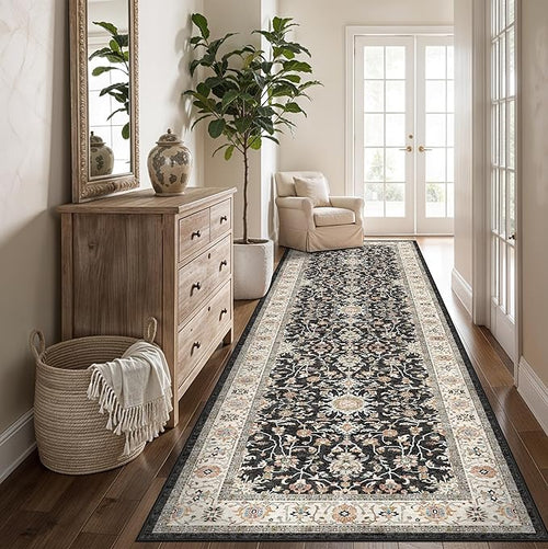 3x10 ft Long Hallway Runner Rug: Washable Non-Slip Kitchen Rug Soft Low Pile Thin Carpet for Bedroom Entry Durable Vintage Stain Resistant Floor Mat for High Traffic Area Home Decor (Black, 3x10)