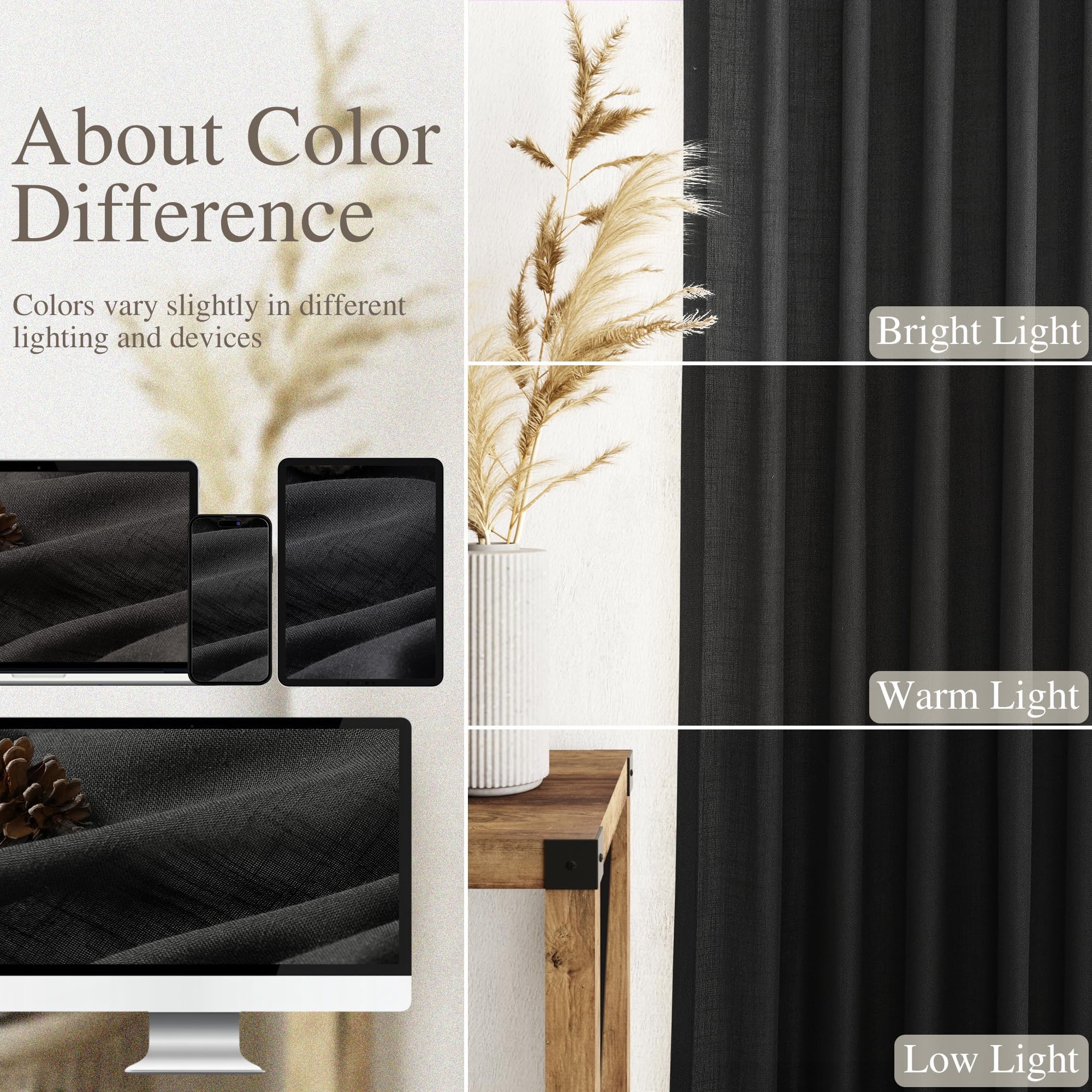 Nanspring Black Linen Curtains 90 Inches Long for Living Room Back Tab and Rod Pocket Semi Sheer Privacy Curtains Simple Modern Cotton Textured Curtain for Bedroom 70x90,2 Panel