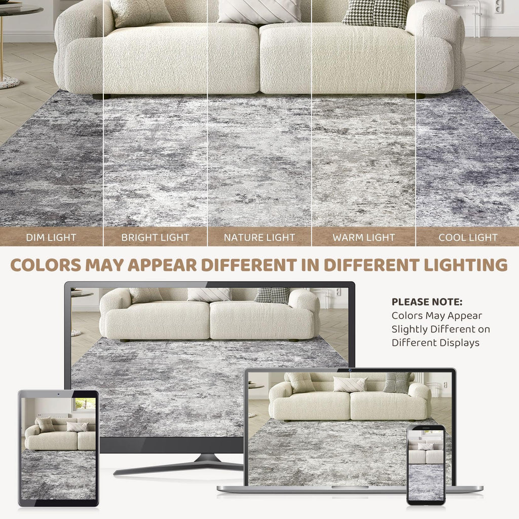 UERMEI Square Area Rugs: Washable 6x6 Neutral Modern Abstract Carpet for Living Room Bedroom - Soft Floor Mat with Non Slip Backing for Kitchen Nursery Dorms Farmhouse Home Decor - Grey