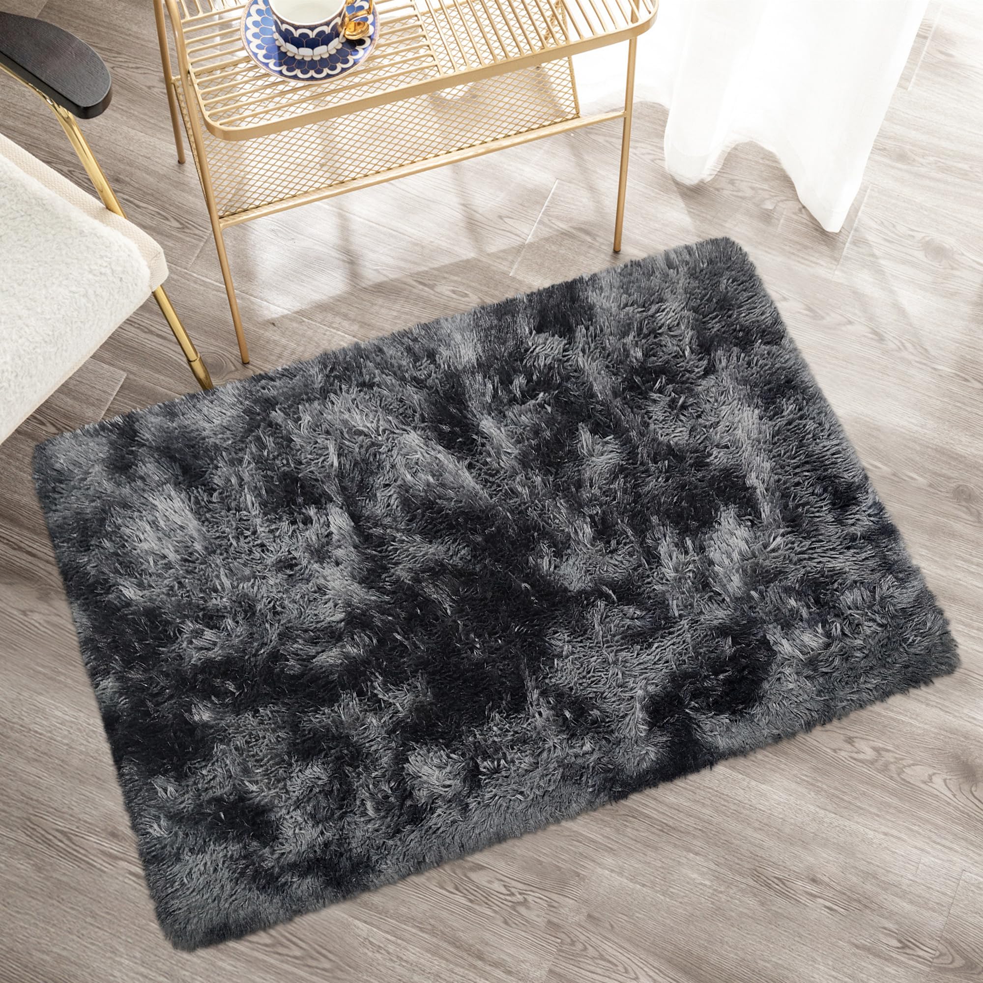 JiaoBaba Small Tie-Dyed Area Rug for Bedroom 2x3 Mini Black Grey Fluffy Rug Mat Bedside Throw Rug for Kids Room Boys Teens Nursery Baby Dorm Living Room Home Decor Aesthetic Carpets