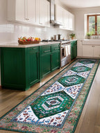 SERISSA Runner Rug for Hallways, 2'6"x12' Washable Non Slip Kitchen Runner Rug, Extra Long Boho Rug Ultra Soft Vintage Green White Print Floor Carpet for Bedroom Hallway Entryway Bathroom Laundry Room