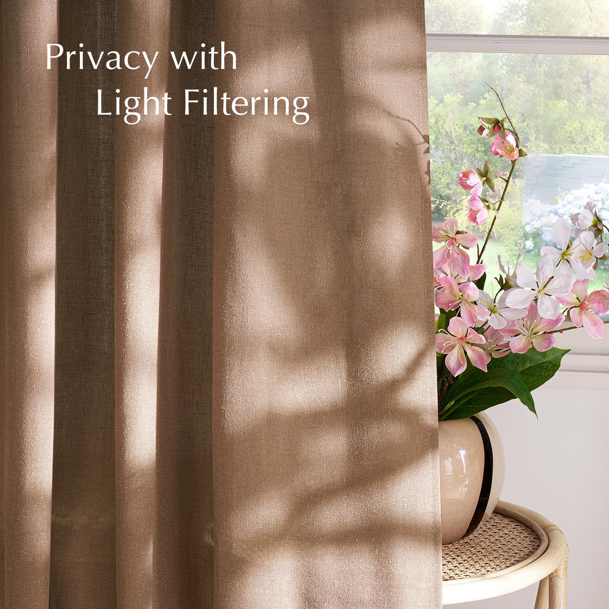 NICETOWN Linen Gold Brown Curtains for Living Room, Rustic Grommet Semi Sheer Linen Blend Privacy Assured with Light Filtering for Living Room/Bedroom, W55 x L96, 2 Panels
