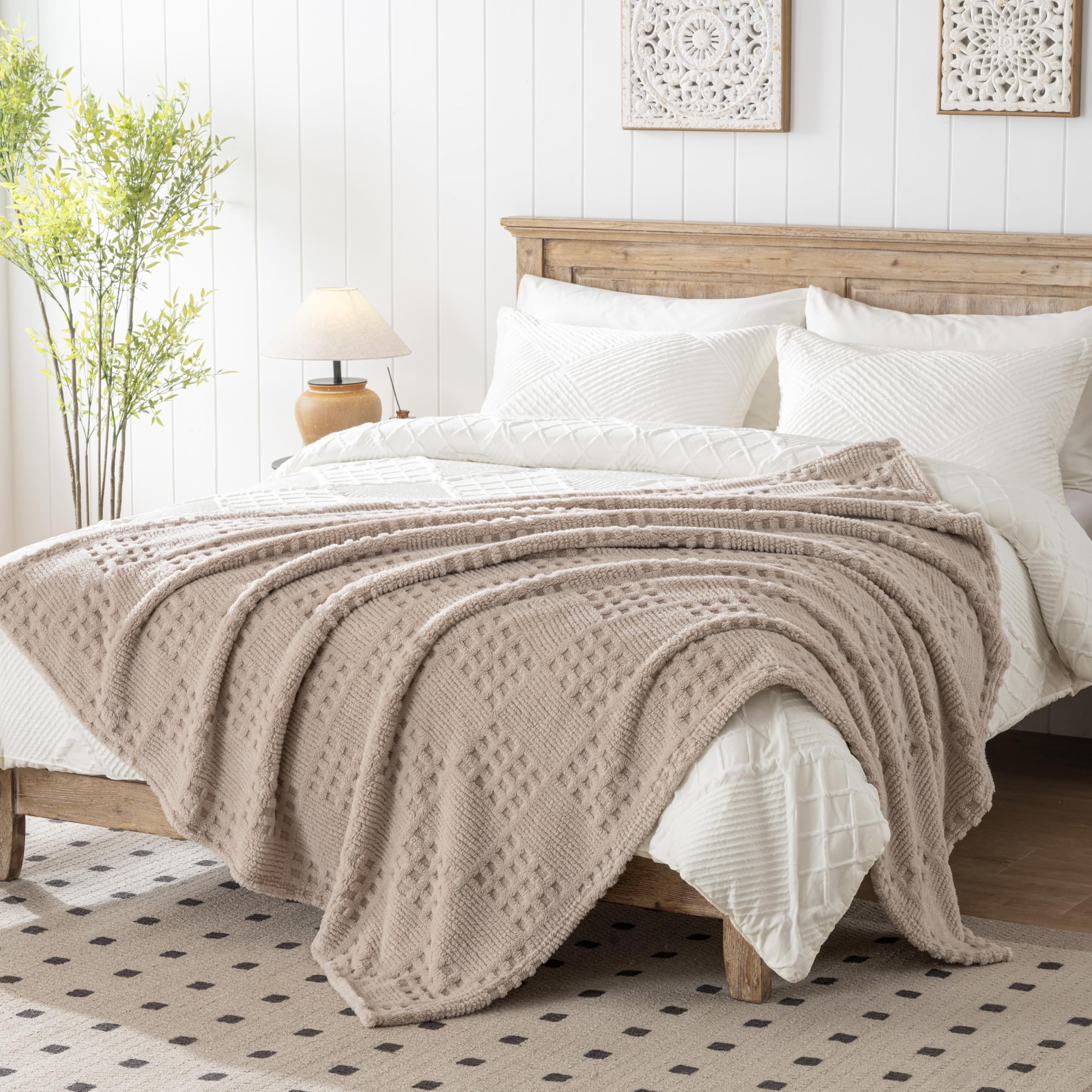 60x80 Inch Waffle Brown Twin Blanket -Fluffy Fleece, Neutral Tan Color, Cute & Aesthetic, Perfect for Sofa, Couch, Chair, Bed, Living Room & Bedroom, All-Season Use, Plush & Cozy Decorative Blanket
