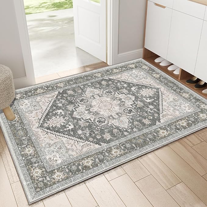 OPPODREAM Soft Area Rugs 2x3, Persian-Inspired Washable Rug, Greenish Grey