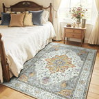 RELEANY Area Rugs 6'x9' Washable Non-Slip, Floral Vintage Distress Print Pattern Medallion Carpet for Living Room Bedroom Dining Room, Light Yellow Carbon Grey Orange