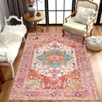Yamaziot Washable Area Rug, 4x6 Non-Slip Boho Vintage Living Room Bedroom Rug with Rubber Backing, Low Pile Faux Wool Soft Distressed Rug Floor Carpet for Living Room, Laundry, Kids Playroom (Pink)