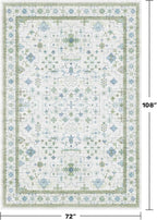 Hazo Haus Cream Oushak 6x9 Bedroom Rug - Boho Floral Cool Blue and Green, Washable Low Pile Non-Slip Ultra-Thin Large Area Rugs for Bed Room, Living Room, Playroom