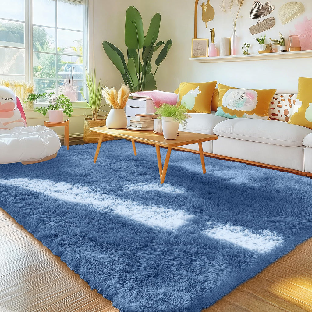OLANLY Area Rugs for Living Room Bedroom, Machine Washable 4x5.9 ft Soft Fluffy Shaggy Bedside Rug, Indoor Floor Carpet for Kids Girls and Boys, Dorms, Nursery Rooms, Home Decor Aesthetic, Blue