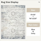 Washable Area Rug 8x10, Large Soft Rugs for Living Room Vintage 8x10 Area Rugs for Bedroom Dining Room Non-Slip Stain Resistant Under Table Blue Ivory Rug