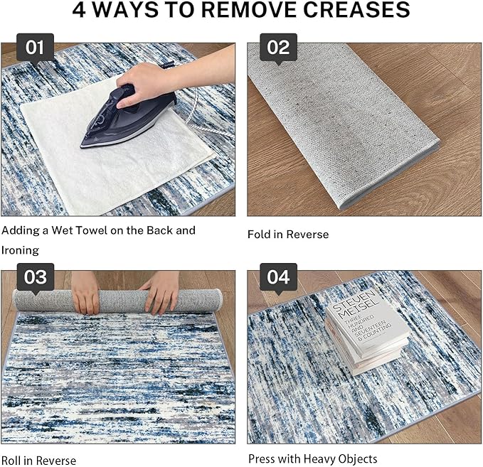 Lansny Modern Abstract 4x6 Living Room Washable Rug Non-Slip Soft Bedroom Area Rug Grey Blue White Thin Print Faux Wool Floor Carpet Throw Rugs for Nursery Playroom Dining Room Indoor Home Decor