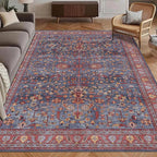 Washable Area Rug 3' x 5 ' Vintage Traditional Persian Mat - Foldable Distressed Non-Slip Machine Washable Carpet for Living Room Bedroom Kitchen Home Decor - Indigo and Crimson