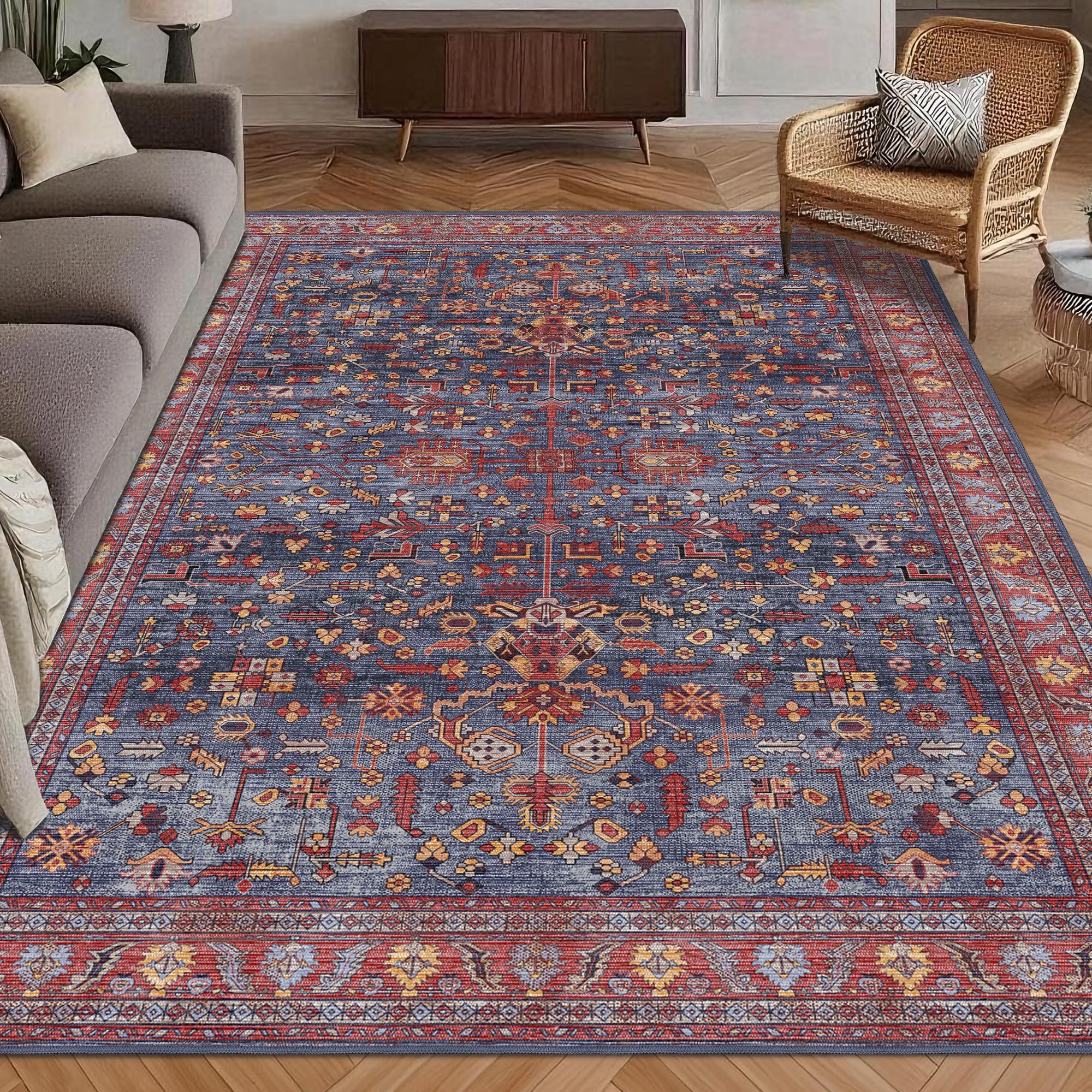 Washable Area Rug 8' x 10' Vintage Traditional Persian Mat - Foldable Distressed Non-Slip Machine Washable Carpet for Living Room Bedroom Kitchen Home Decor - Indigo and Crimson