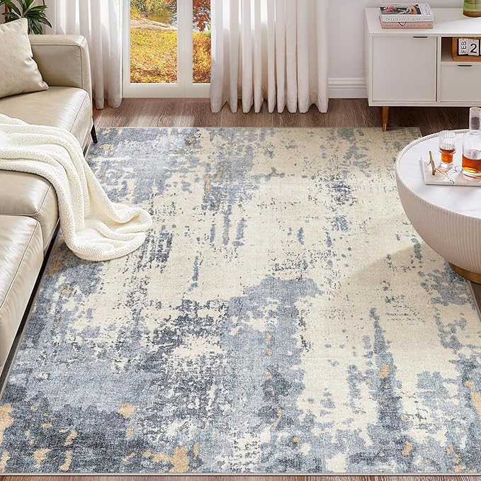 UERMEI 5x7 Area Rug Living Room Rugs - Washable Neutral Modern Abstract Soft Thin Rug Indoor Floor No Slip Rug Carpet for Bedroom Under Dining Table Home Office Decor - Blue/Light Brown