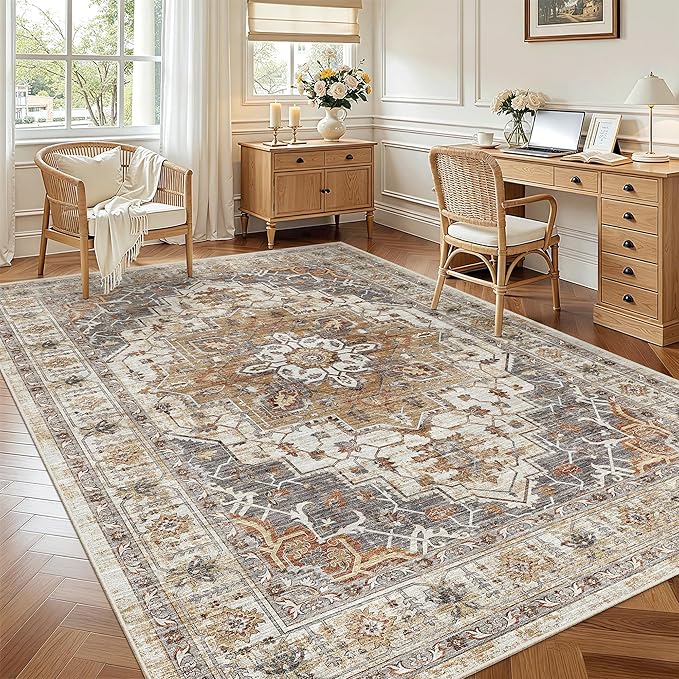 Madane 5x7 Area Rugs for Living Room, Stain Resistant Washable Rugs, Non-Slip Backing Area Rug, Vintage Home Decor Rug for Bedroom (Turmeric/Grey, 5'x7')
