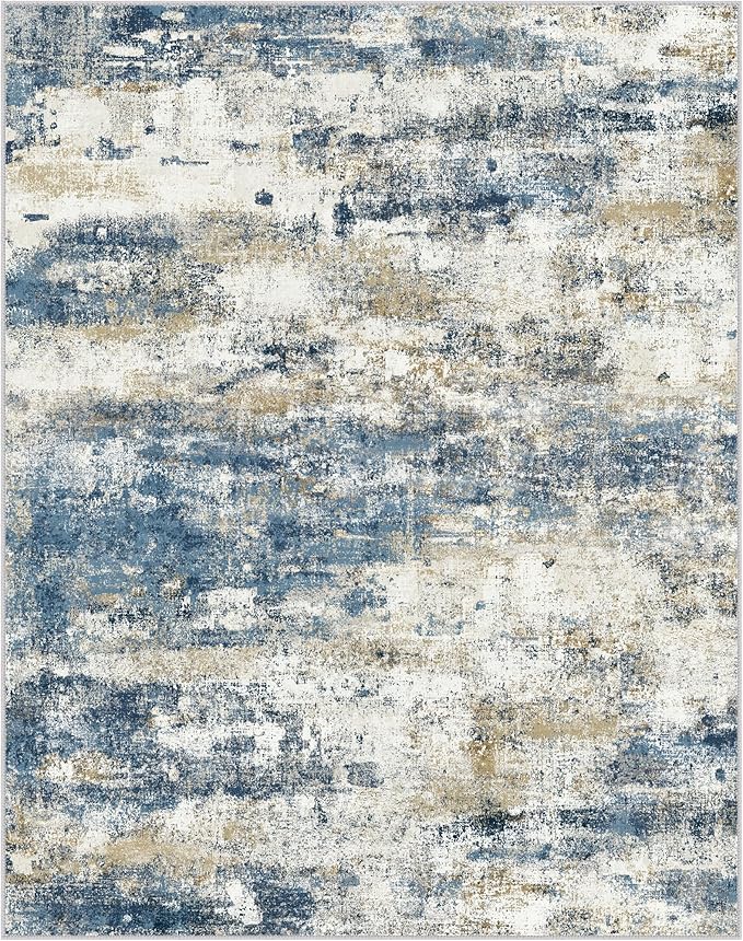 Area Rugs 5x8 for Living Room Bedroom, Modern Abstract Machine Washable Rug, Large Soft Low Pile Floor Carpet with Non Slip Backing for Dining Room, Navy Blue Beige