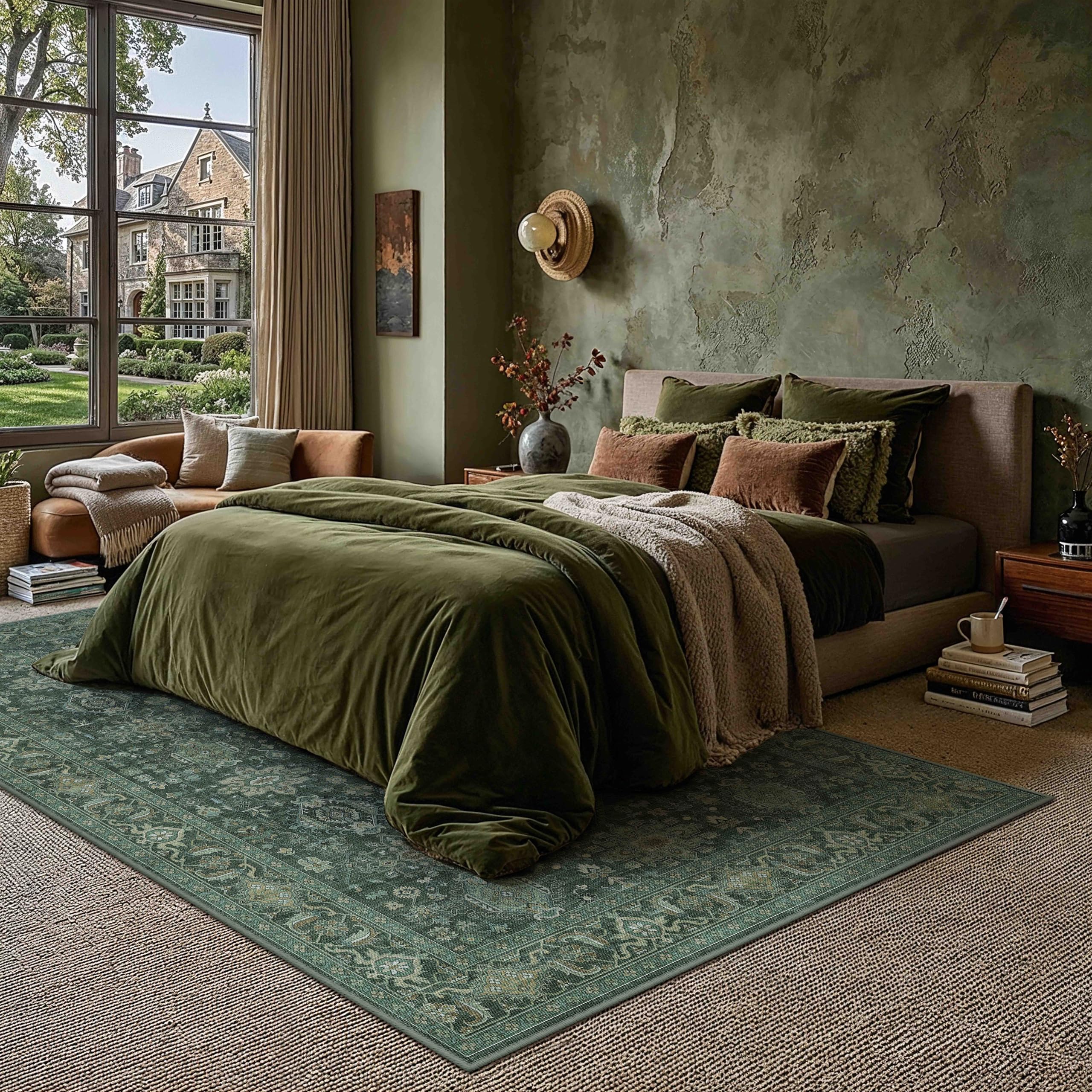 WondRg 6x9 Washable Area Rug for Living Room Bedroom Vintage Green Carpet Soft Low Pile Traditional Retro Non Slip Throw Rug for Dining Room Entryway Indoor Dorm Kitchen