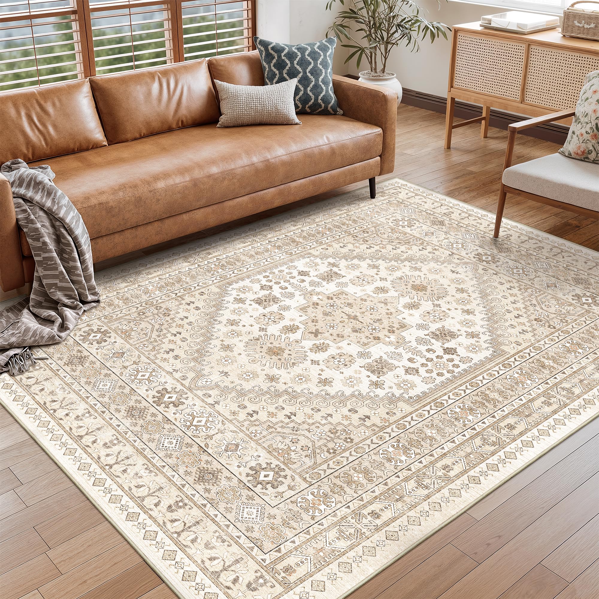 Restydon Area Rugs 5x7 Washable Rugs for Living Room, Cream/Beige