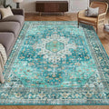 Washable Area Rug 8' x 10' Vintage Traditional Persian Mat - Foldable Distressed Non-Slip Machine Washable Carpet for Living Room Bedroom Kitchen Home Decor - Teal and Gold
