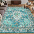Washable Area Rug 6' x 9' Vintage Traditional Persian Mat - Foldable Distressed Non-Slip Machine Washable Carpet for Living Room Bedroom Kitchen Home Decor - Teal and Gold