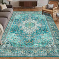 Washable Area Rug 9' x 12' Vintage Traditional Persian Mat - Foldable Distressed Non-Slip Machine Washable Carpet for Living Room Bedroom Kitchen Home Decor - Teal and Gold