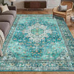 Washable Area Rug 9' x 12' Vintage Traditional Persian Mat - Foldable Distressed Non-Slip Machine Washable Carpet for Living Room Bedroom Kitchen Home Decor - Teal and Gold