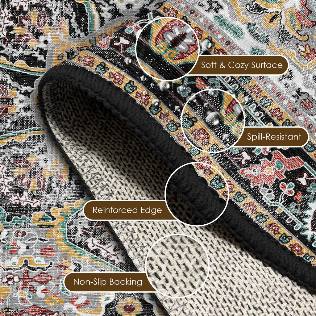 Washable Area Rug 3' x 5 ' Vintage Traditional Persian Mat - Foldable Distressed Non-Slip Machine Washable Carpet for Living Room Bedroom Kitchen Home Decor - Slate and Multicolor