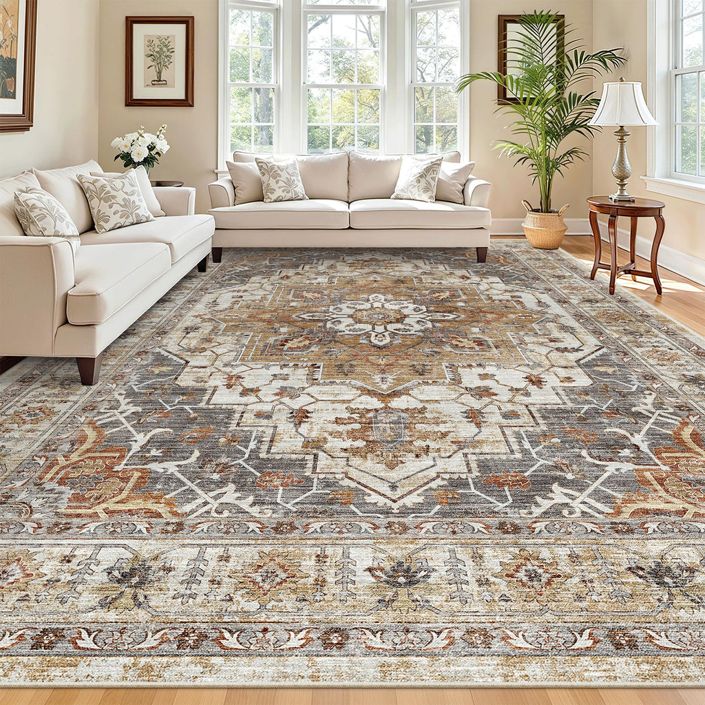 Madane 8x10 Area Rugs for Living Room, Non-Slip Washable Rug, Turmeric/Grey