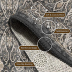 Washable Area Rug 4' x 6' Vintage Traditional Persian Mat - Foldable Distressed Non-Slip Machine Washable Carpet for Living Room Bedroom Kitchen Home Decor - Ebony and Taupe