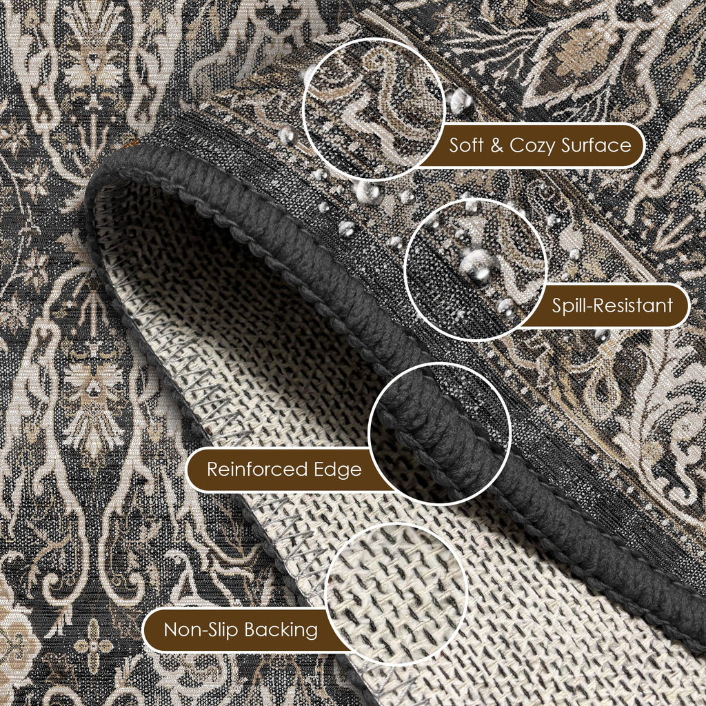 Washable Area Rug 8' x 10' Vintage Traditional Persian Mat - Foldable Distressed Non-Slip Machine Washable Carpet for Living Room Bedroom Kitchen Home Decor - Ebony and Taupe
