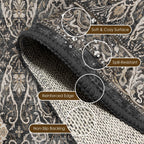 Washable Area Rug 8' x 10' Vintage Traditional Persian Mat - Foldable Distressed Non-Slip Machine Washable Carpet for Living Room Bedroom Kitchen Home Decor - Ebony and Taupe