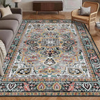 Washable Area Rug 8' x 10' Vintage Traditional Persian Mat - Foldable Distressed Non-Slip Machine Washable Carpet for Living Room Bedroom Kitchen Home Decor - Slate and Multicolor