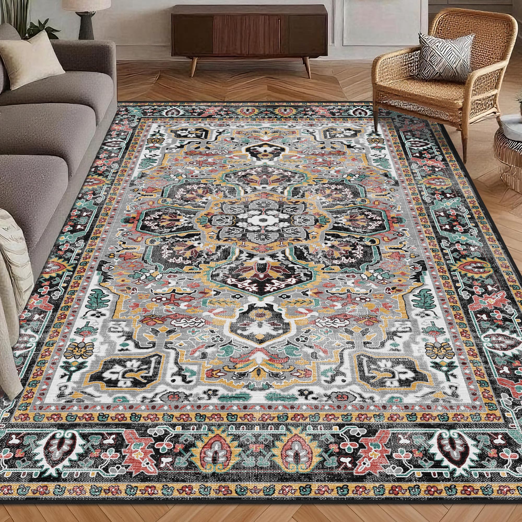 Washable Area Rug 8' x 10' Vintage Traditional Persian Mat - Foldable Distressed Non-Slip Machine Washable Carpet for Living Room Bedroom Kitchen Home Decor - Slate and Multicolor