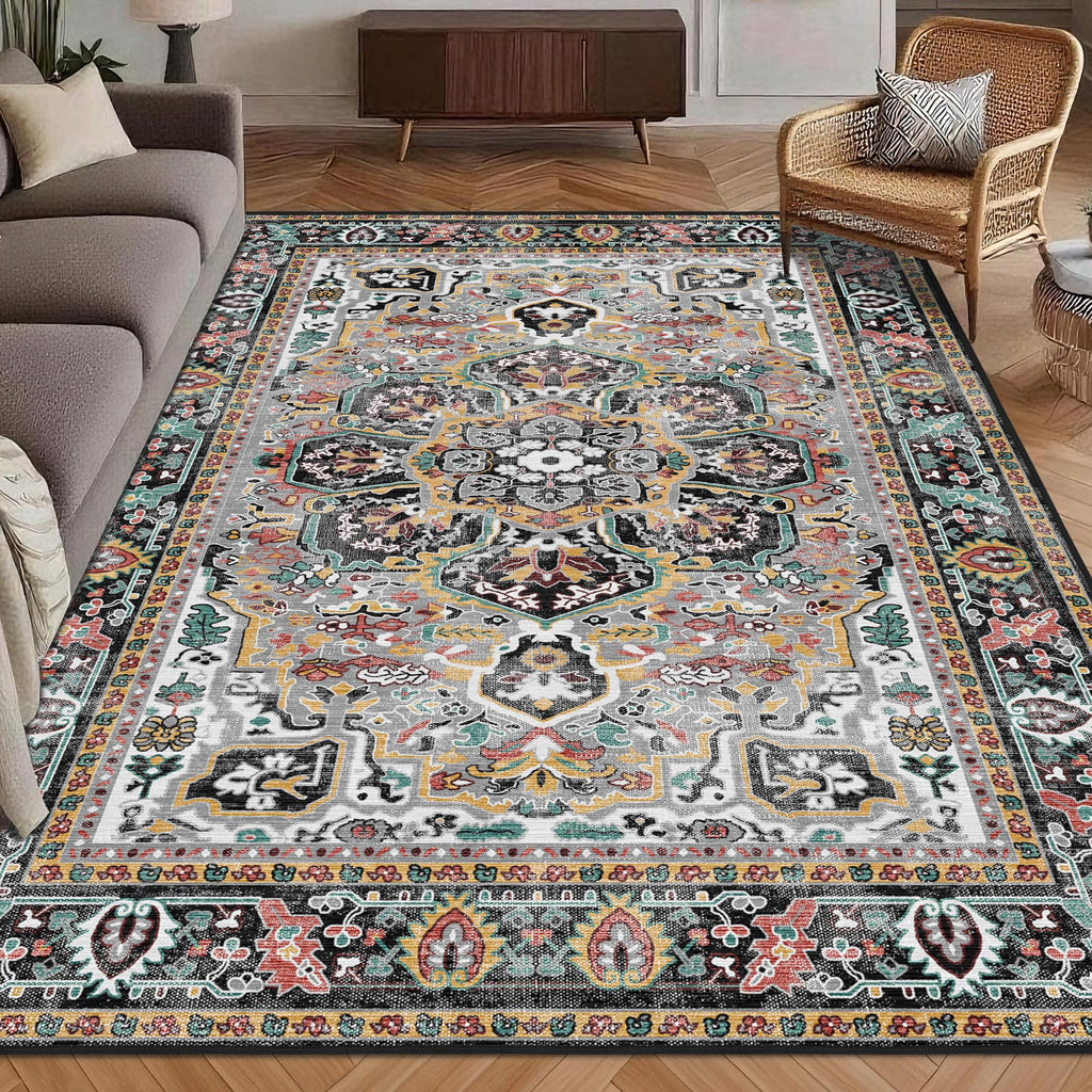 Washable Area Rug 3' x 5 ' Vintage Traditional Persian Mat - Foldable Distressed Non-Slip Machine Washable Carpet for Living Room Bedroom Kitchen Home Decor - Slate and Multicolor