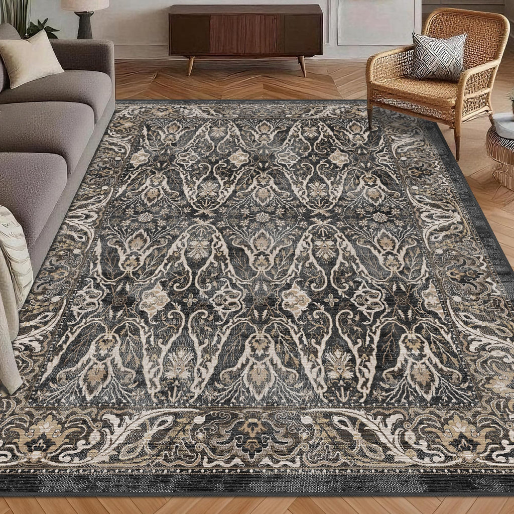 Washable Area Rug 8' x 10' Vintage Traditional Persian Mat - Foldable Distressed Non-Slip Machine Washable Carpet for Living Room Bedroom Kitchen Home Decor - Ebony and Taupe