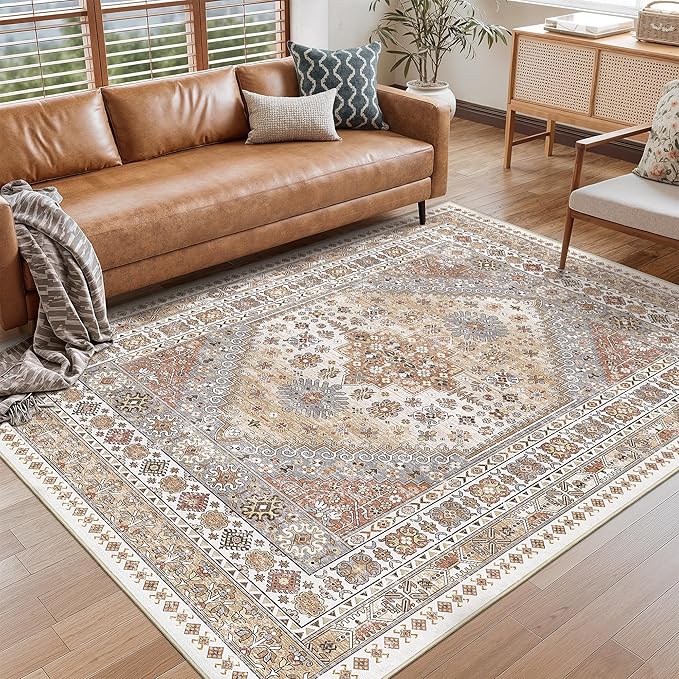6x9 Area Rugs for Living Room,Soft Low Pile Indoor Washable Rugs for Bedroom, Non-Slip Backing Vintage Large Area Rug, Printed Vintage Floral Carpet(Orange,6'x9')