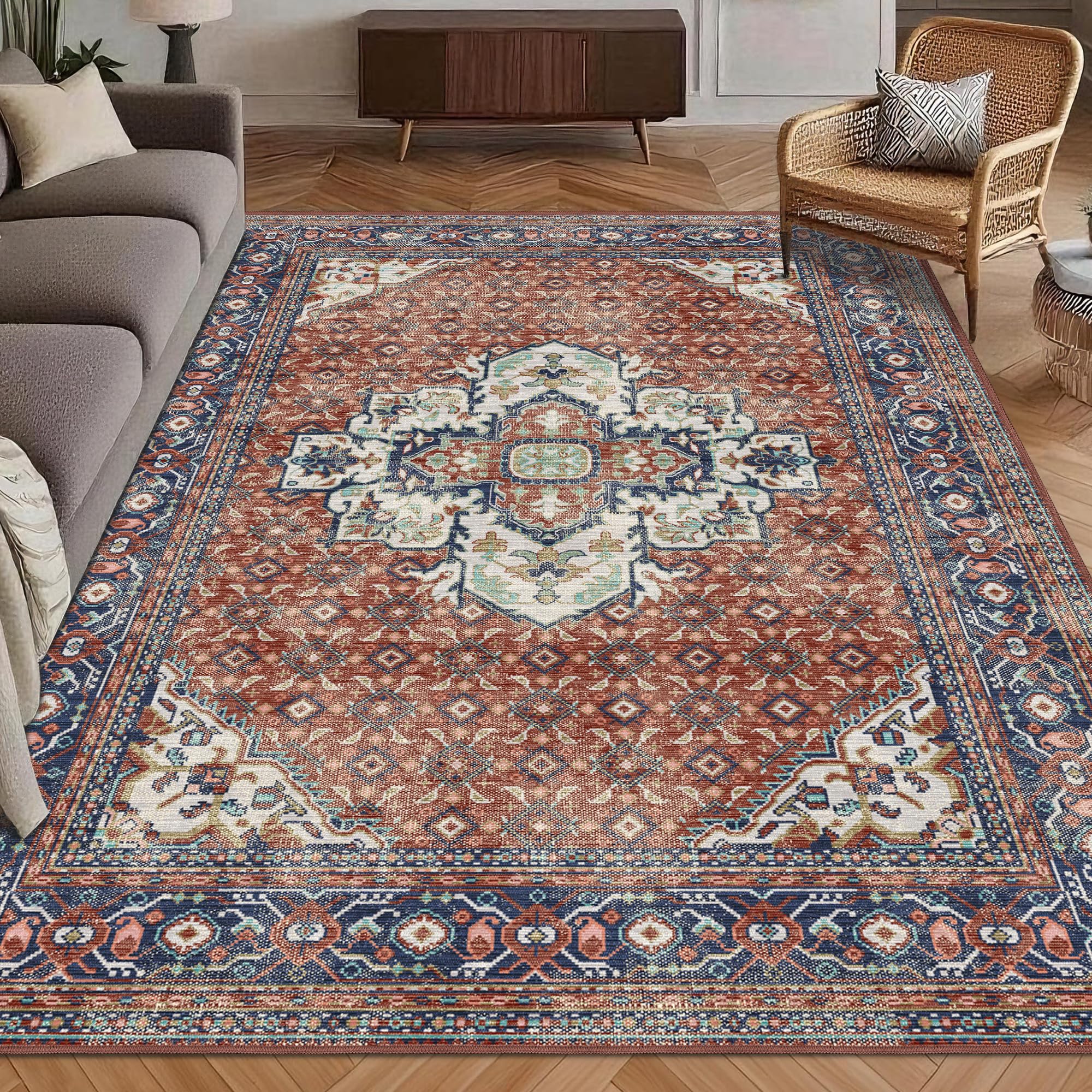 Washable Area Rug 8' x 10' Vintage Traditional Persian Mat - Foldable Distressed Non-Slip Machine Washable Carpet for Living Room Bedroom Kitchen Home Decor - Terracotta and Navy