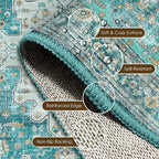Washable Area Rug 9' x 12' Vintage Traditional Persian Mat - Foldable Distressed Non-Slip Machine Washable Carpet for Living Room Bedroom Kitchen Home Decor - Teal and Gold