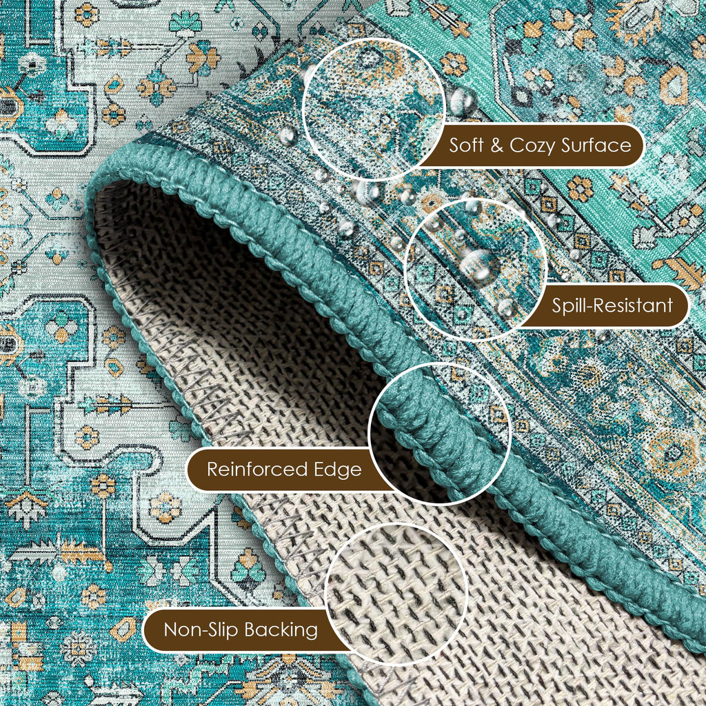 Washable Area Rug 9' x 12' Vintage Traditional Persian Mat - Foldable Distressed Non-Slip Machine Washable Carpet for Living Room Bedroom Kitchen Home Decor - Teal and Gold