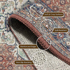 Washable Area Rug 6' x 9' Vintage Traditional Persian Mat - Foldable Distressed Non-Slip Machine Washable Carpet for Living Room Bedroom Kitchen Home Decor - Terracotta and Navy