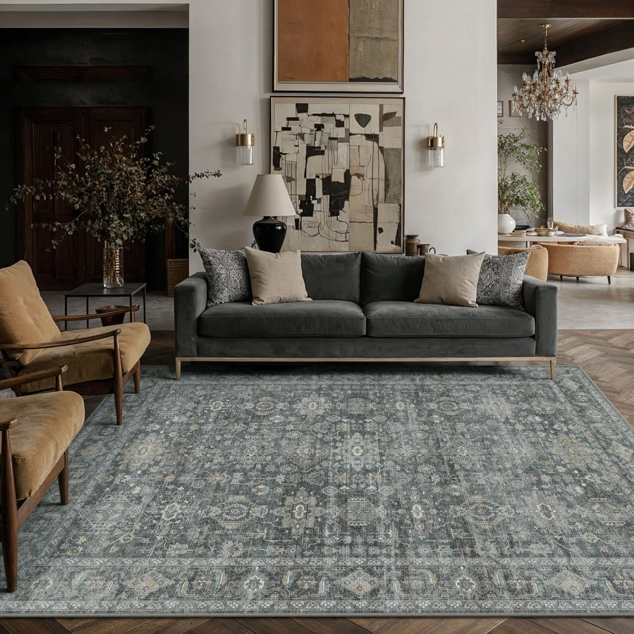WondRg 6x9 Washable Area Rug for Living Room Bedroom Vintage Black Grey Carpet Soft Low Pile Traditional Retro Non Slip Throw Rug for Dining Room Entryway Indoor Dorm Kitchen