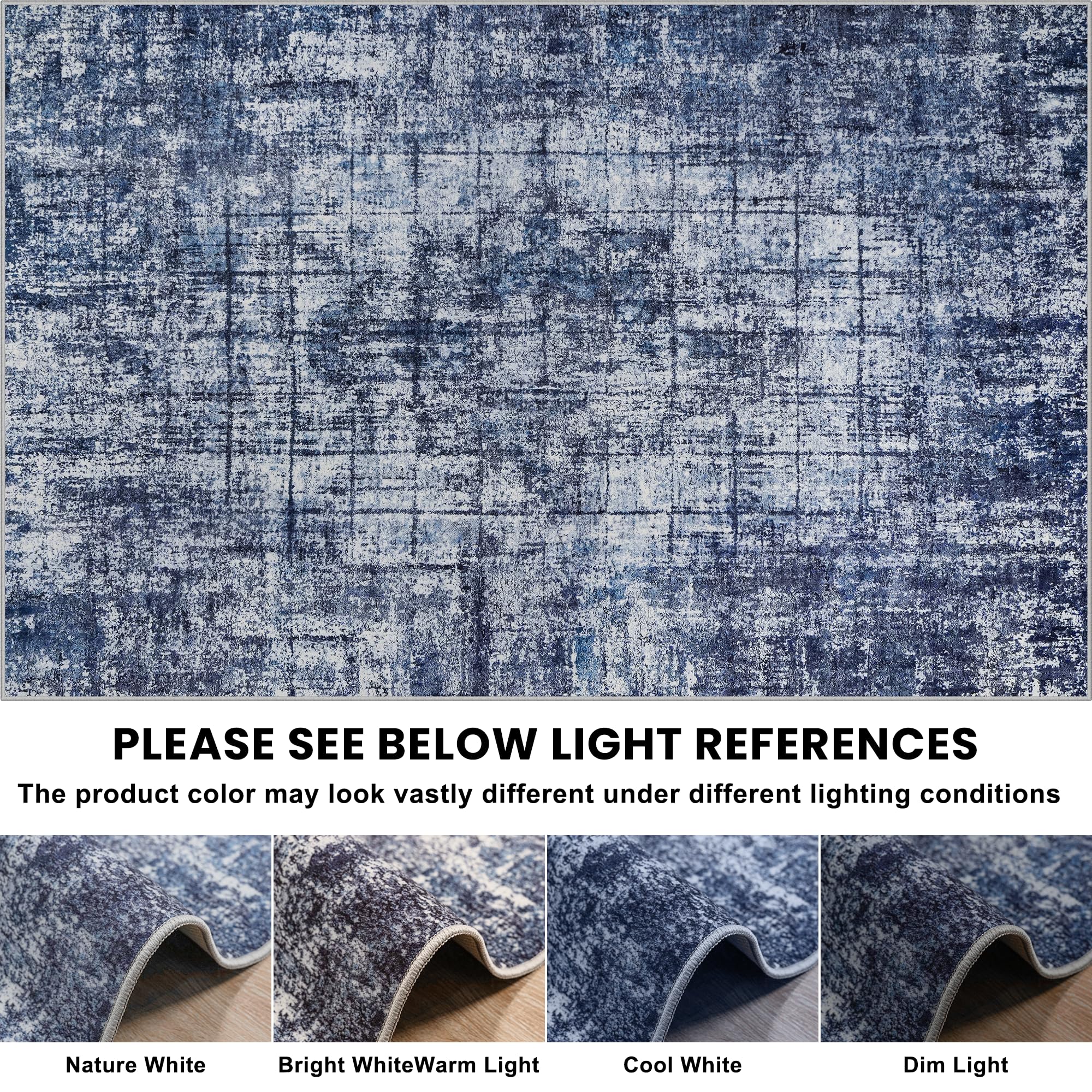 8x10 Washable Area Rug for Living Room Bedroom: Non-Slip Modern Navy Blue