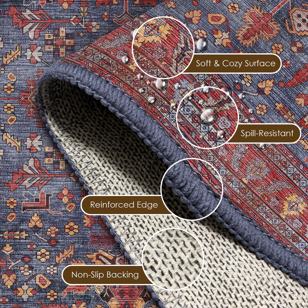Washable Area Rug 6' x 9' Vintage Traditional Persian Mat - Foldable Distressed Non-Slip Machine Washable Carpet for Living Room Bedroom Kitchen Home Decor - Indigo and Crimson