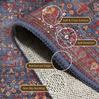 Washable Area Rug 8' x 10' Vintage Traditional Persian Mat - Foldable Distressed Non-Slip Machine Washable Carpet for Living Room Bedroom Kitchen Home Decor - Indigo and Crimson