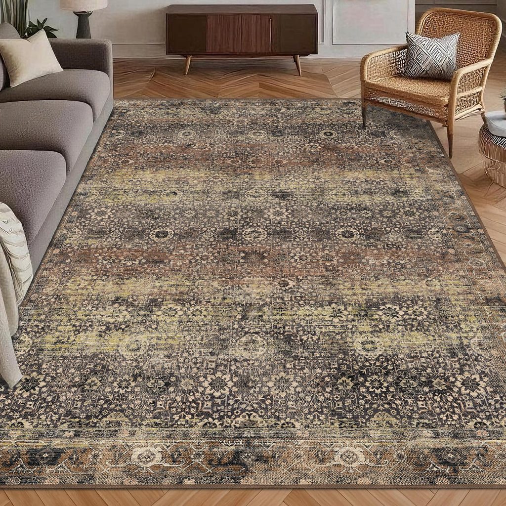 Washable Area Rug 4' x 6' Vintage Traditional Persian Mat - Foldable Distressed Non-Slip Machine Washable Carpet for Living Room Bedroom Kitchen Home Decor - Umber and Slate