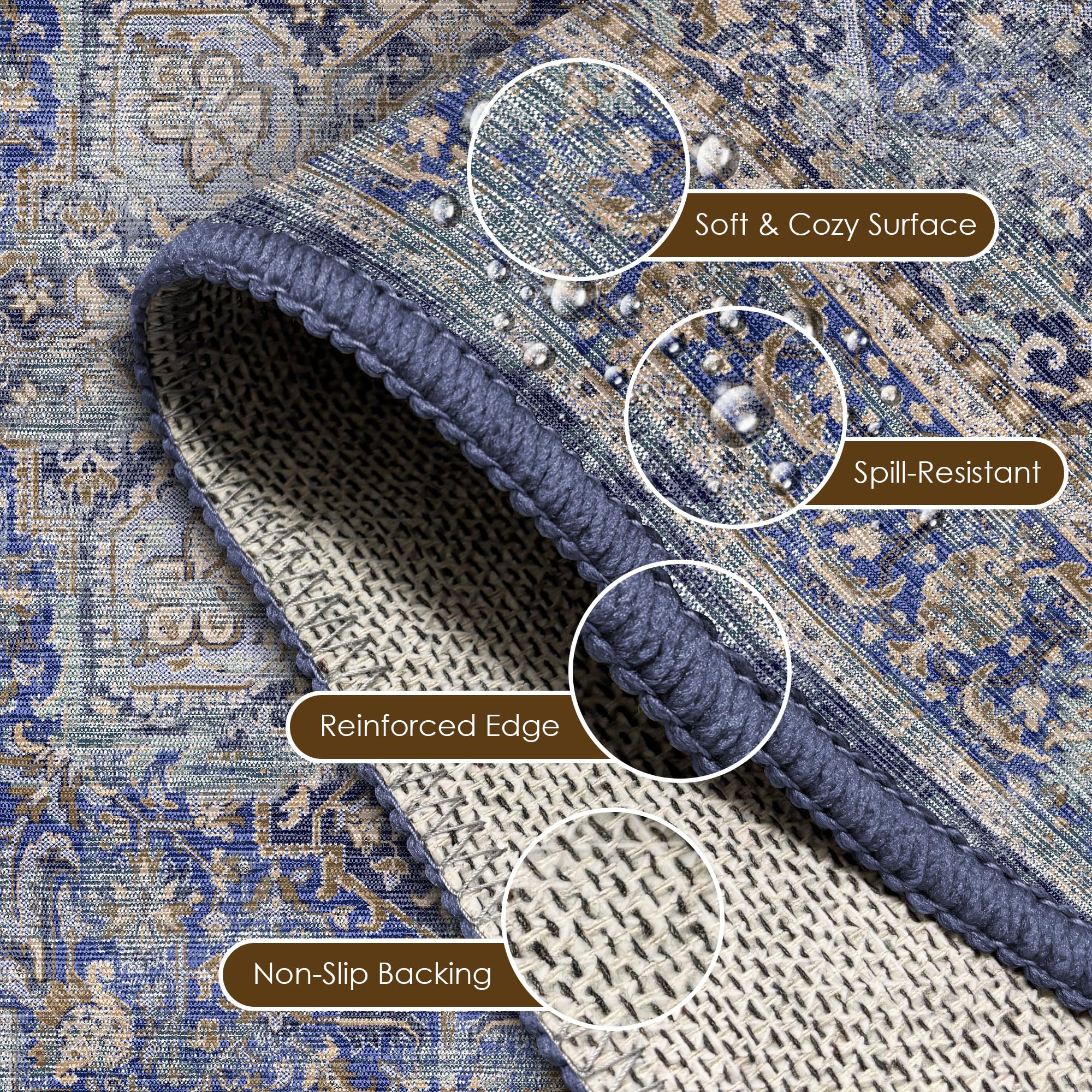 Washable Area Rug 2'6'' x 8' Vintage Traditional Persian Mat - Foldable Distressed Non-Slip Machine Washable Carpet for Living Room Bedroom Kitchen Home Decor - Indigo and Gold