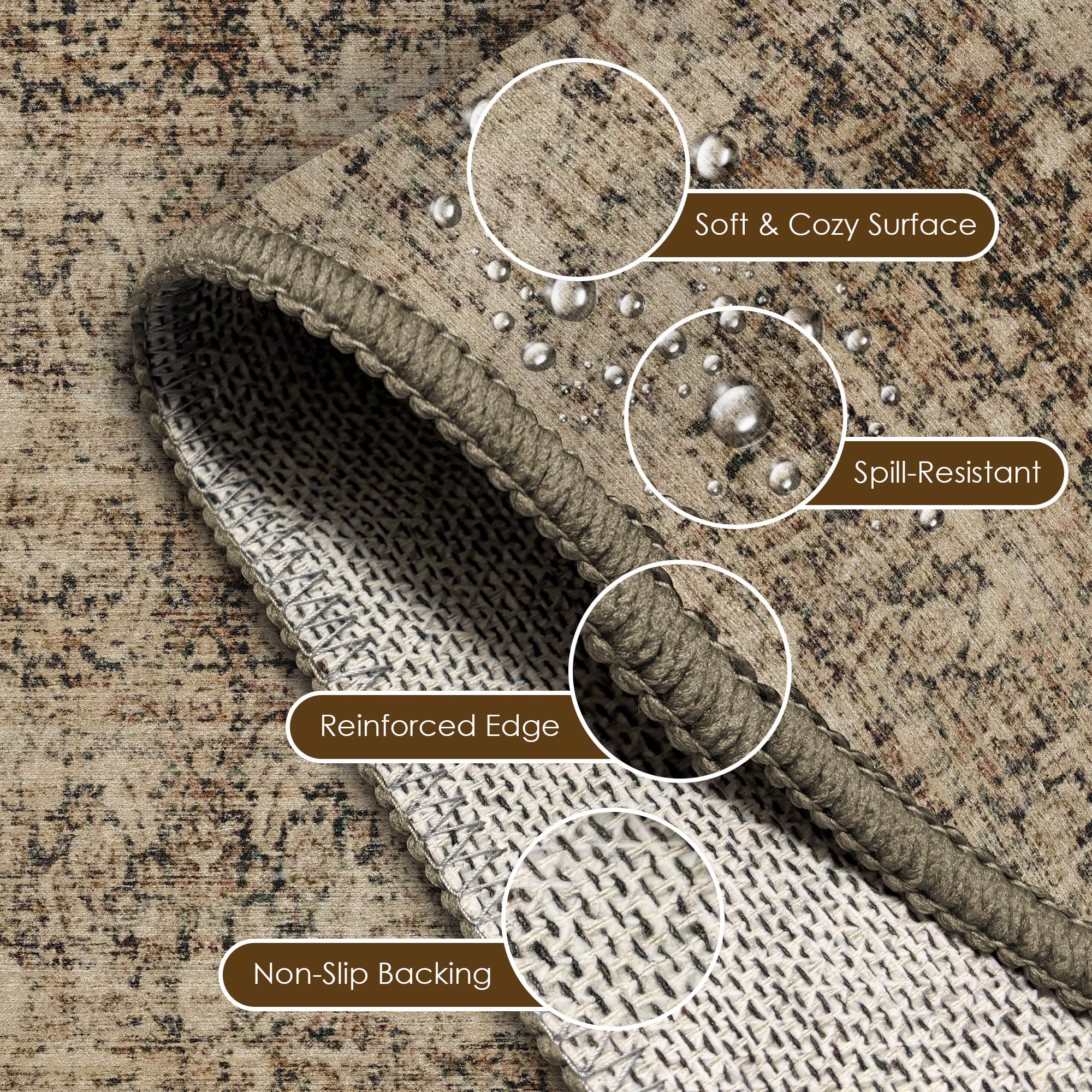 Washable Area Rug 6' x 9' Vintage Traditional Persian Mat - Foldable Distressed Non-Slip Machine Washable Carpet for Living Room Bedroom Kitchen Home Decor - Mocha and Taupe