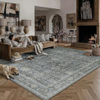 8x10 Washable Area Rug for Living Room Bedroom Vintage Black Grey Non Slip Carpet Traditional Retro Soft Low Pile Large Throw Rug for Dining Room Kitchen Office Indoor