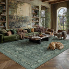 8x10 Washable Area Rug for Living Room Bedroom Vintage Green Non Slip Carpet Traditional Retro Soft Low Pile Large Throw Rug for Dining Room Kitchen Office Indoor