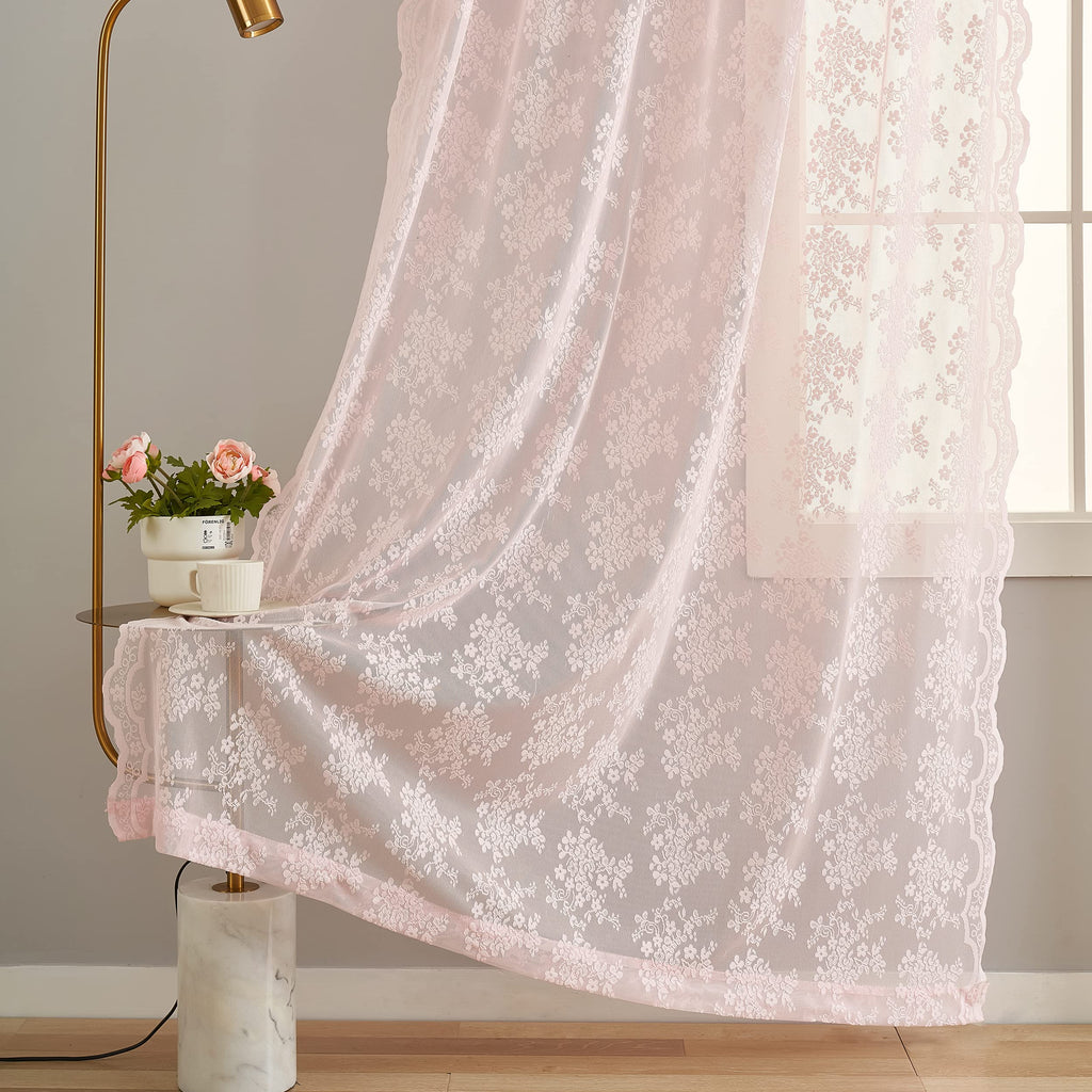 YJ YANJUN Vintage Lace Curtains 84 Inches Long- Pretty Pastel Floral Pink Sheer Curtain Panels for Living Room Girl Bedroom,Light Filtering, Cute Princess Girls Room Drapes 2 Panels 52W x 84L