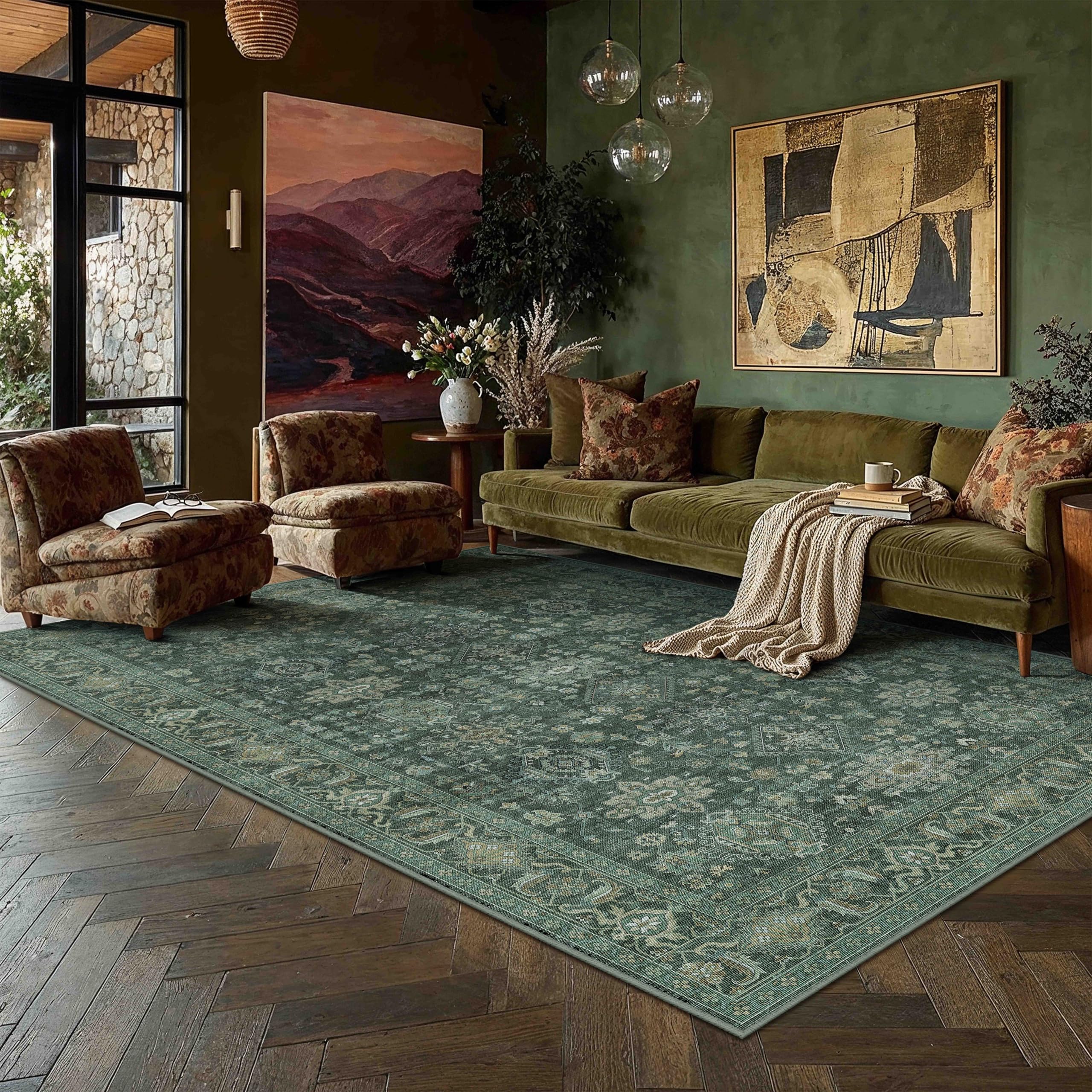 WondRg 6x9 Washable Area Rug for Living Room Bedroom Vintage Green Carpet Soft Low Pile Traditional Retro Non Slip Throw Rug for Dining Room Entryway Indoor Dorm Kitchen